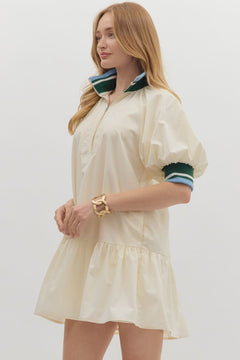 Colorband Zip Front Puff Sleeve Dress - Lush Lemon - Women&
