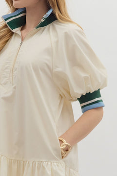 Colorband Zip Front Puff Sleeve Dress - Lush Lemon - Women&