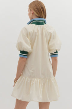 Colorband Zip Front Puff Sleeve Dress - Lush Lemon - Women&