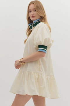Colorband Zip Front Puff Sleeve Dress - Lush Lemon - Women&