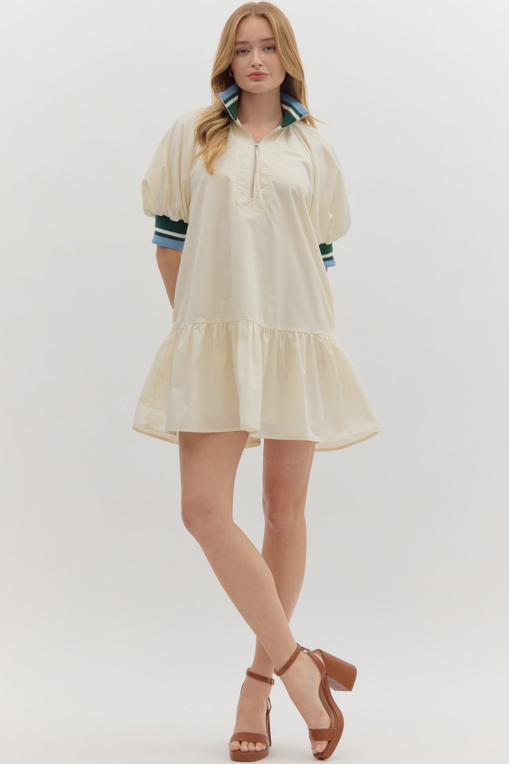 Colorband Zip Front Puff Sleeve Dress - Entro - Lush Lemon Cream / L Colorband Zip Front Puff Sleeve Dress - Entro - Lush Lemon Cream / L