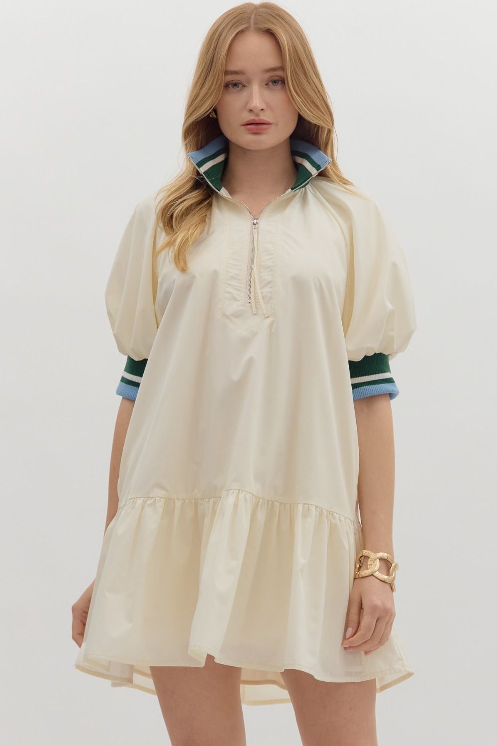 Colorband Zip Front Puff Sleeve Dress - Lush Lemon - Women's Clothing - Entro - 29036601027357