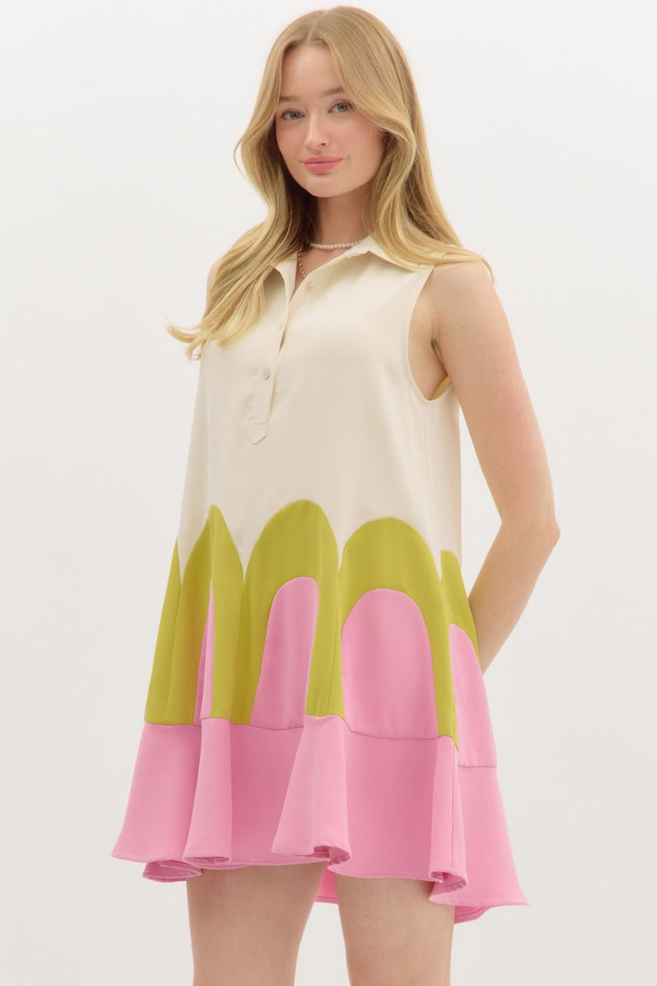 Colorblock Arch Mini Dress W/Collar - Lush Lemon - Women's Clothing - Entro - 91703261006173