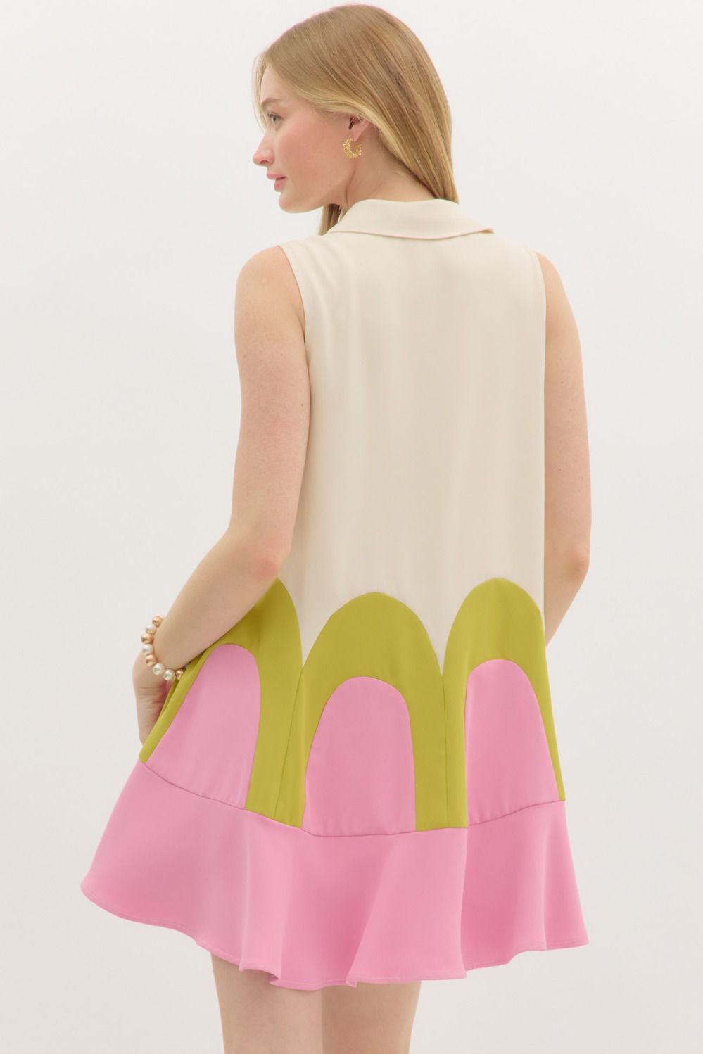 Colorblock Arch Mini Dress W/Collar - Lush Lemon - Women's Clothing - Entro - 91703261006173