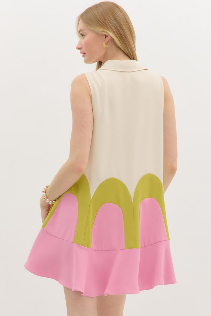 Colorblock Arch Mini Dress W/Collar - Lush Lemon - Women's Clothing - Entro - 91703261006173