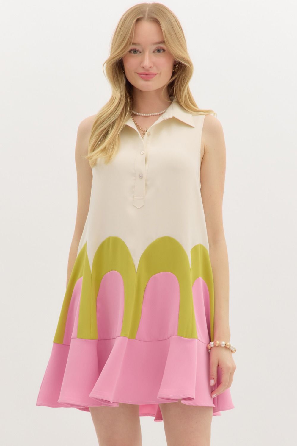 Colorblock Arch Mini Dress W/Collar - Lush Lemon - Women's Clothing - Entro - 91703261006173