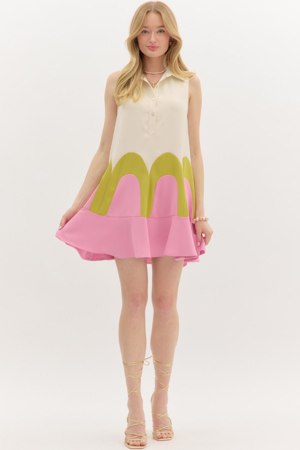Colorblock Arch Mini Dress W/Collar - Lush Lemon - Women's Clothing - Entro - 91703261006173