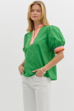Colorblock Trim Bubble Sleeve Top - Lush Lemon - Women&