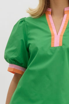 Colorblock Trim Bubble Sleeve Top - Lush Lemon - Women&