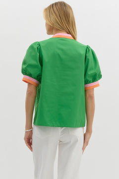Colorblock Trim Bubble Sleeve Top - Lush Lemon - Women&