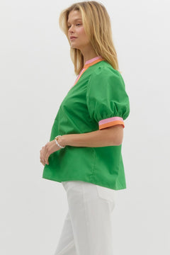 Colorblock Trim Bubble Sleeve Top - Lush Lemon - Women&