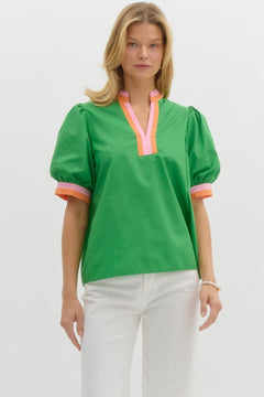 Colorblock Trim Bubble Sleeve Top - Lush Lemon - Women&