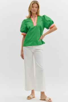 Colorblock Trim Bubble Sleeve Top - Lush Lemon - Women&