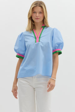 Colorblock Trim Bubble Sleeve Top - Lush Lemon - Women&