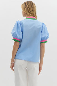Colorblock Trim Bubble Sleeve Top - Lush Lemon - Women&