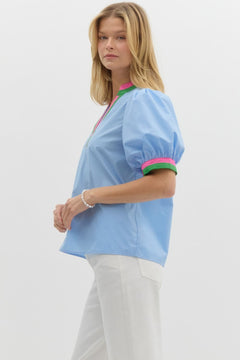 Colorblock Trim Bubble Sleeve Top - Lush Lemon - Women&