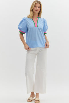 Colorblock Trim Bubble Sleeve Top - Lush Lemon - Women&