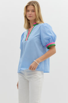 Colorblock Trim Bubble Sleeve Top - Lush Lemon - Women&