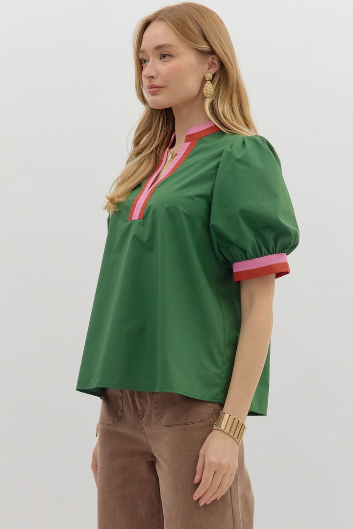 Colorblock Trim Bubble Sleeve Top - Lush Lemon - Women's Clothing - Entro - 84076201034205