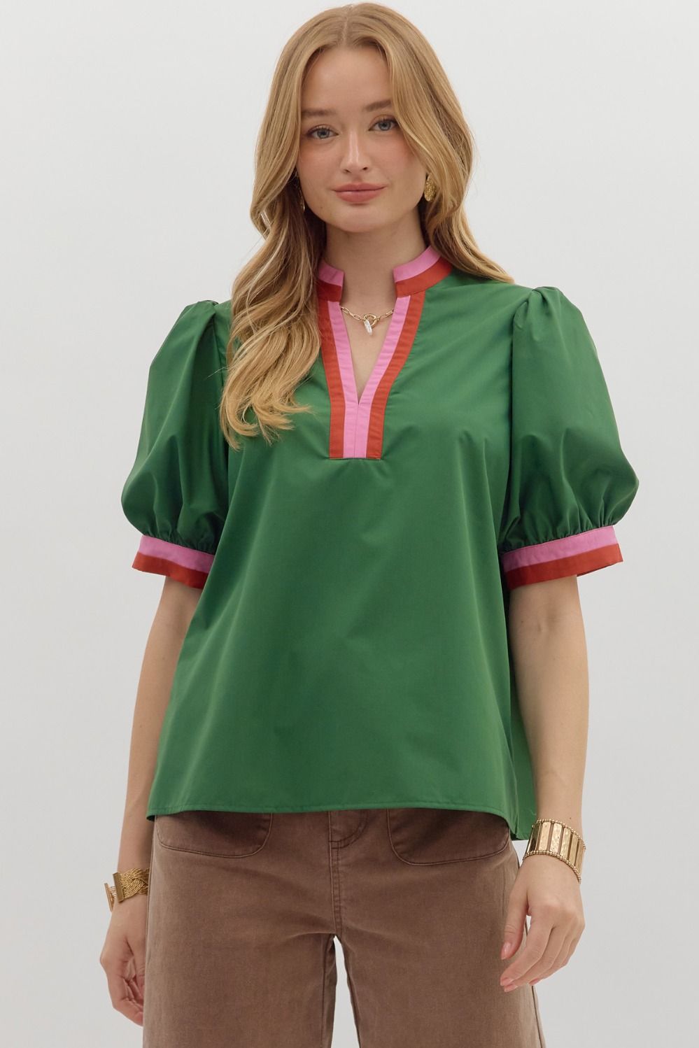 Colorblock Trim Bubble Sleeve Top - Lush Lemon - Women's Clothing - Entro - 84076201034205