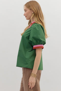 Colorblock Trim Bubble Sleeve Top - Lush Lemon - Women&