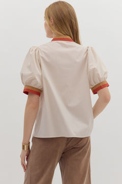 Colorblock Trim Bubble Sleeve Top - Lush Lemon - Women&