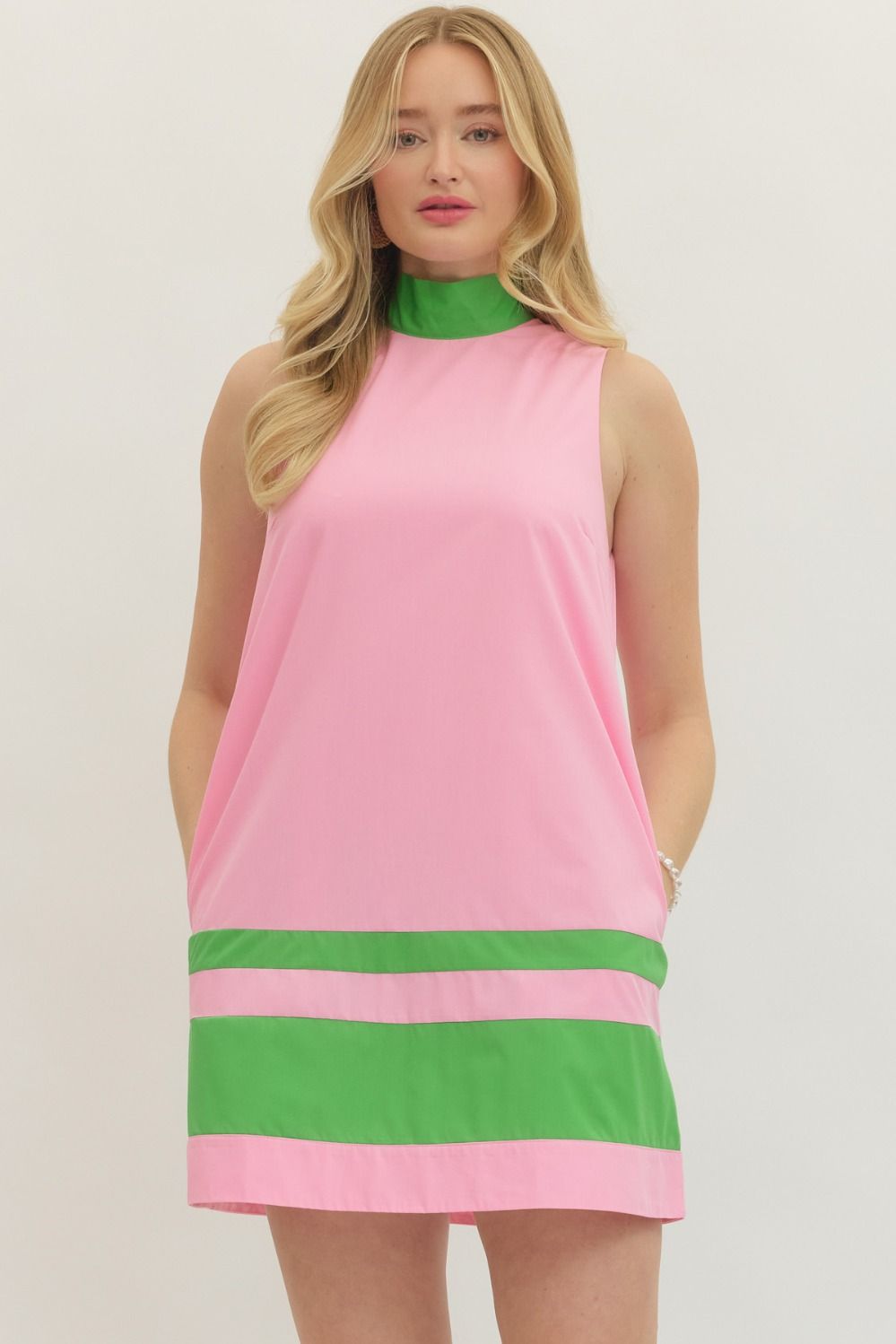 Contrast Band Sleeveless Mini Dress - Lush Lemon - Women's Clothing - Entro - 86640351008605
