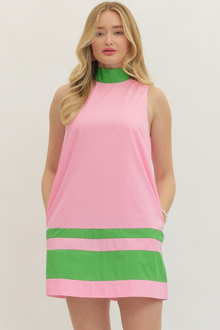 Contrast Band Sleeveless Mini Dress - Lush Lemon - Women's Clothing - Entro - 86640351008605