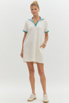 Contrast Collar Knit Polo Mini Dress - Lush Lemon - Women&