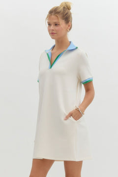 Contrast Collar Knit Polo Mini Dress - Lush Lemon - Women&