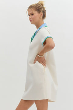 Contrast Collar Knit Polo Mini Dress - Lush Lemon - Women&