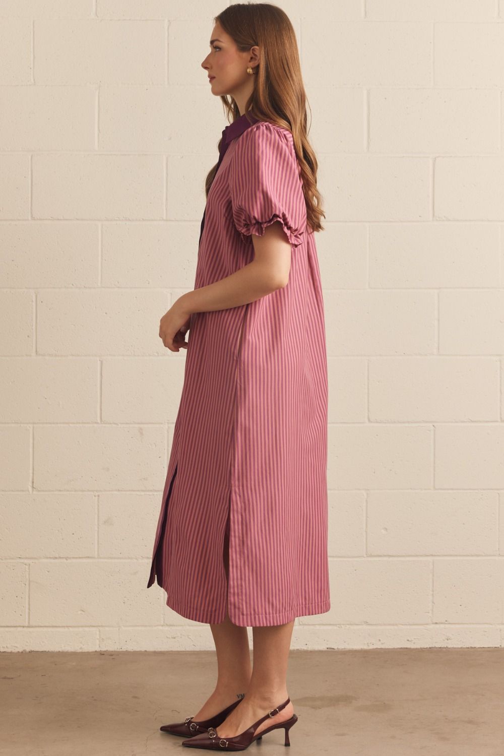 Contrast Collar Stripe Midi Dress - Lush Lemon - Women's Clothing - Entro - 52317011018973