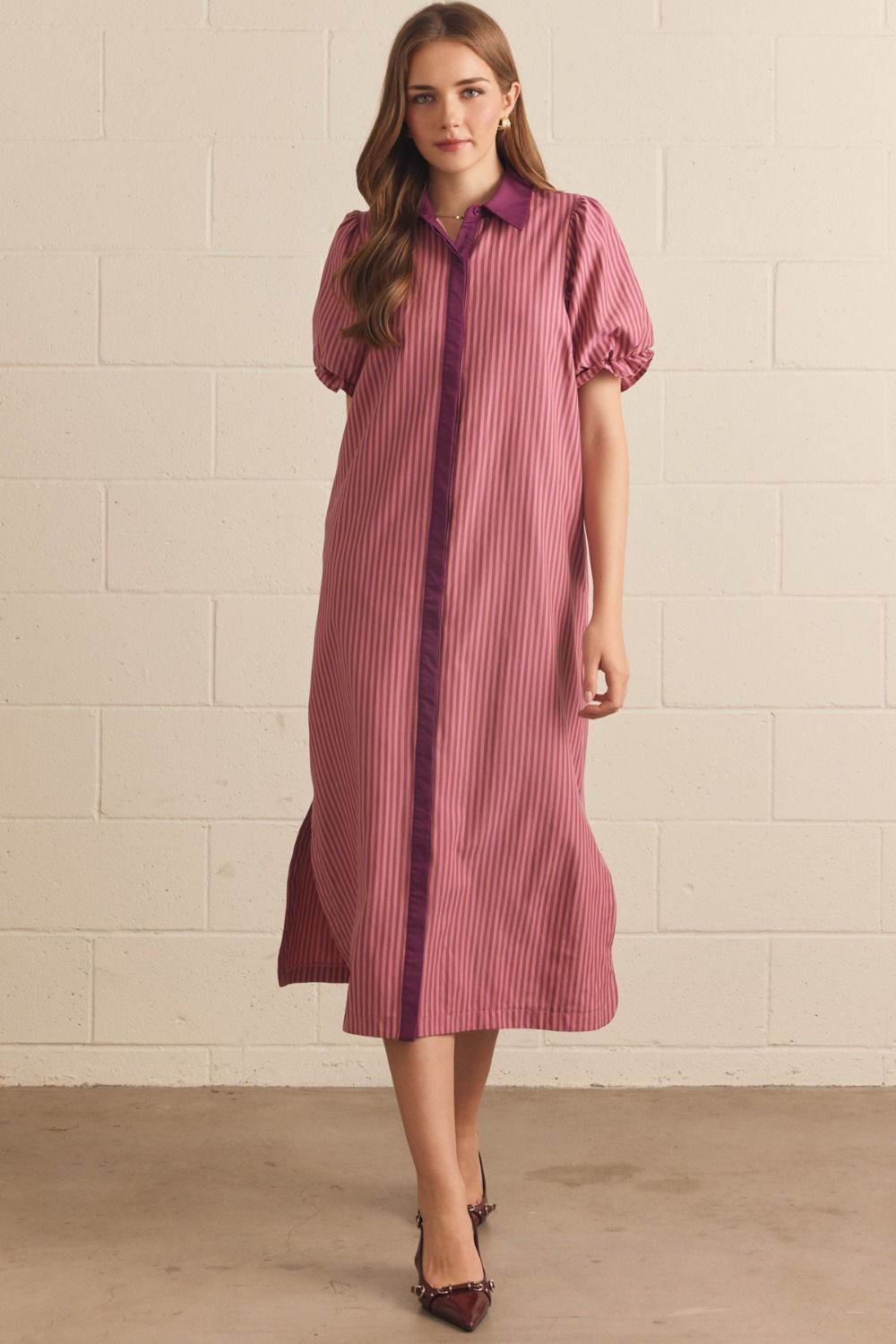 Contrast Collar Stripe Midi Dress - Lush Lemon - Women's Clothing - Entro - 52317011018973