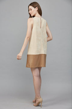 Contrast Faux Leather Hem Shift Dress - Lush Lemon - Women&