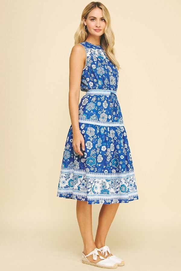 Contrast Floral Midi Dress W/Tie Waist - Lush Lemon - Women's Clothing - Pinch - 11759261087709