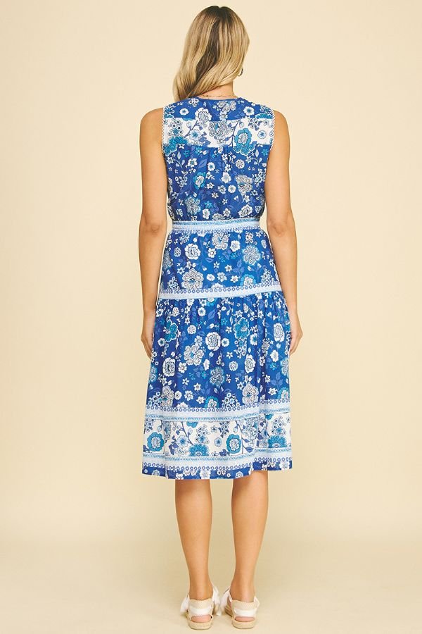 Contrast Floral Midi Dress W/Tie Waist - Lush Lemon - Women's Clothing - Pinch - 11759261087709