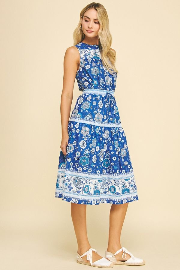 Contrast Floral Midi Dress W/Tie Waist - Lush Lemon - Women's Clothing - Pinch - 11759261087709
