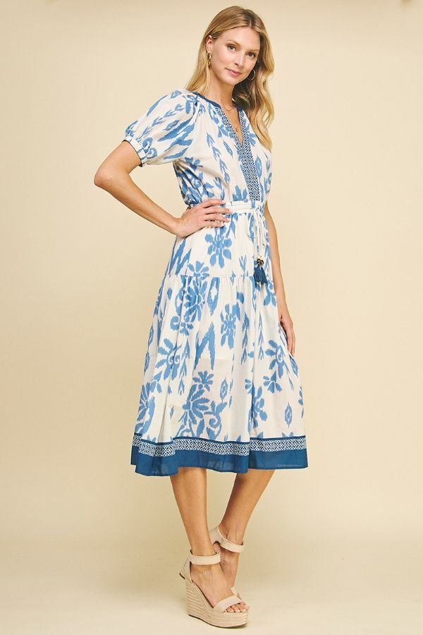 Contrast Floral Print Midi Dress W/Self - Tie - Lush Lemon - Women's Clothing - Pinch - 83797021077789