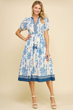 Contrast Floral Print Midi Dress W/Self - Tie - Lush Lemon - Women&