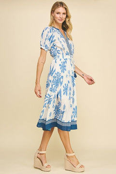 Contrast Floral Print Midi Dress W/Self - Tie - Lush Lemon - Women&