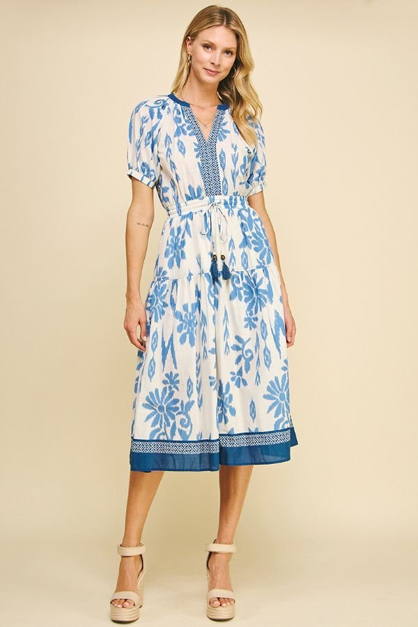 Contrast Floral Print Midi Dress W/Self - Tie - Lush Lemon - Women's Clothing - Pinch - 83797021077789