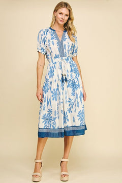Contrast Floral Print Midi Dress W/Self - Tie - Lush Lemon - Women&