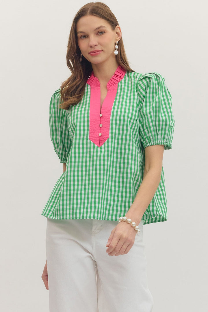 Contrast Gingham Puff Sleeve Top - Lush Lemon - Women's Clothing - Entro - 85749631006941