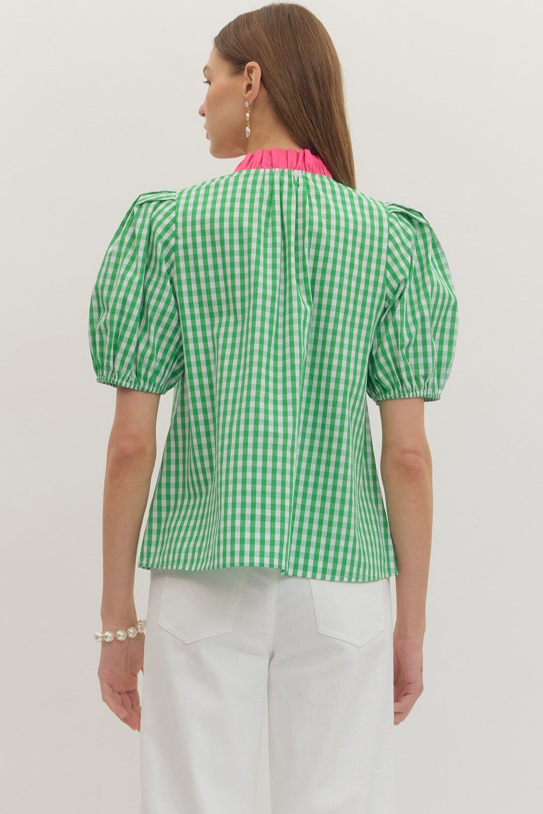 Contrast Gingham Puff Sleeve Top - Lush Lemon - Women's Clothing - Entro - 85749631006941