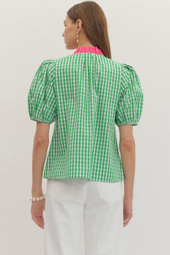 Contrast Gingham Puff Sleeve Top - Lush Lemon - Women&