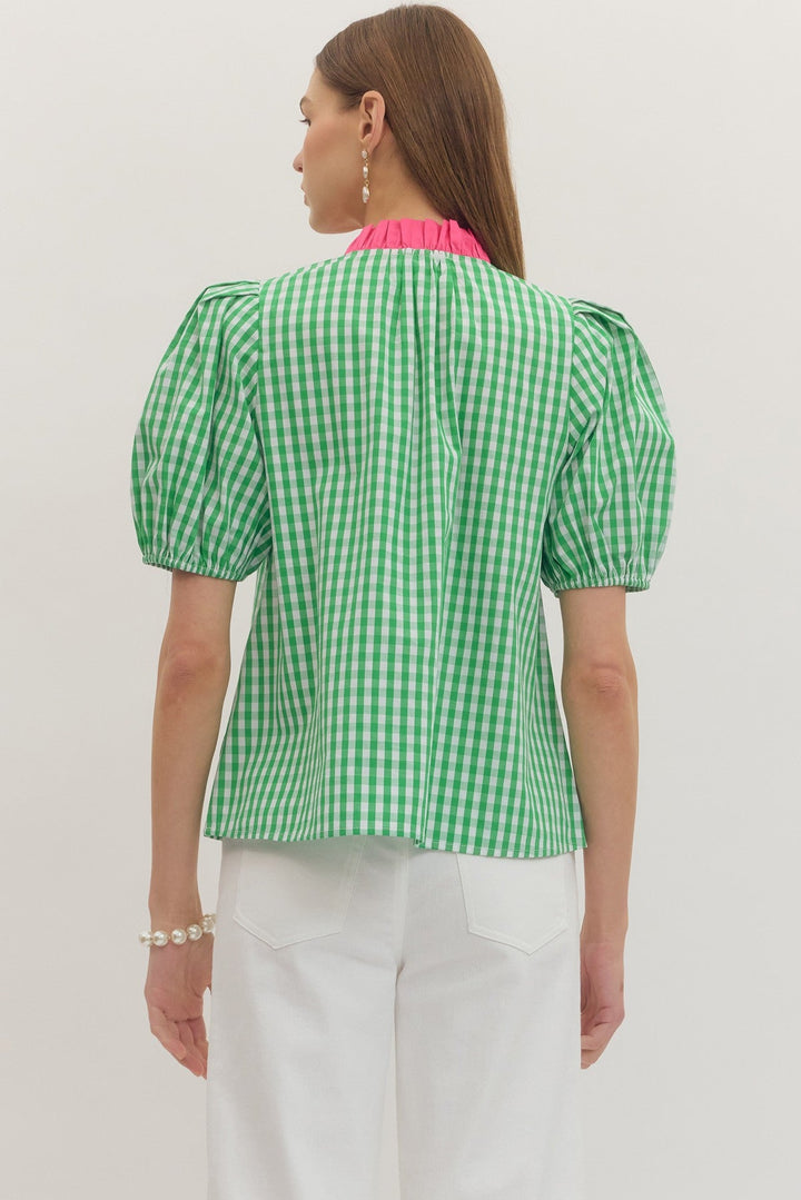 Contrast Gingham Puff Sleeve Top - Lush Lemon - Women's Clothing - Entro - 85749631006941
