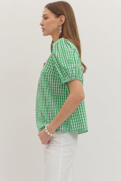 Contrast Gingham Puff Sleeve Top - Lush Lemon - Women&