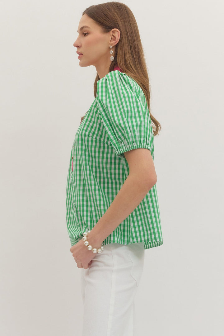 Contrast Gingham Puff Sleeve Top - Lush Lemon - Women's Clothing - Entro - 85749631006941