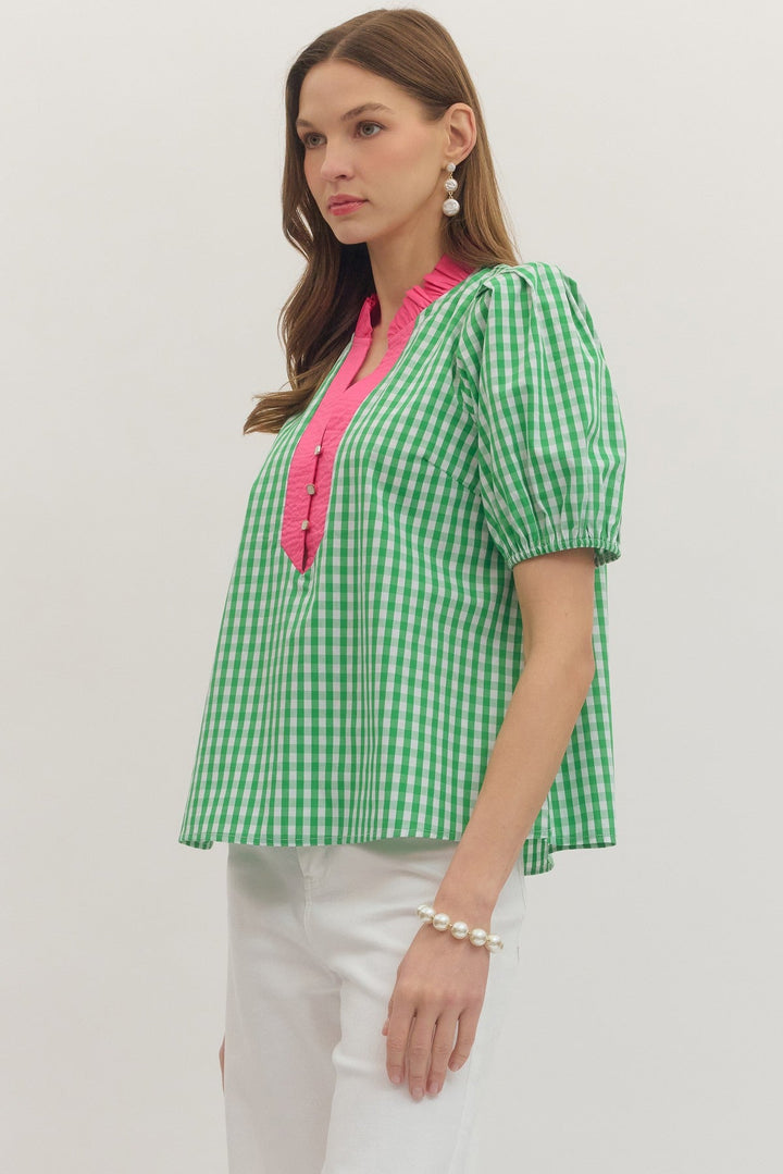 Contrast Gingham Puff Sleeve Top - Lush Lemon - Women's Clothing - Entro - 85749631006941