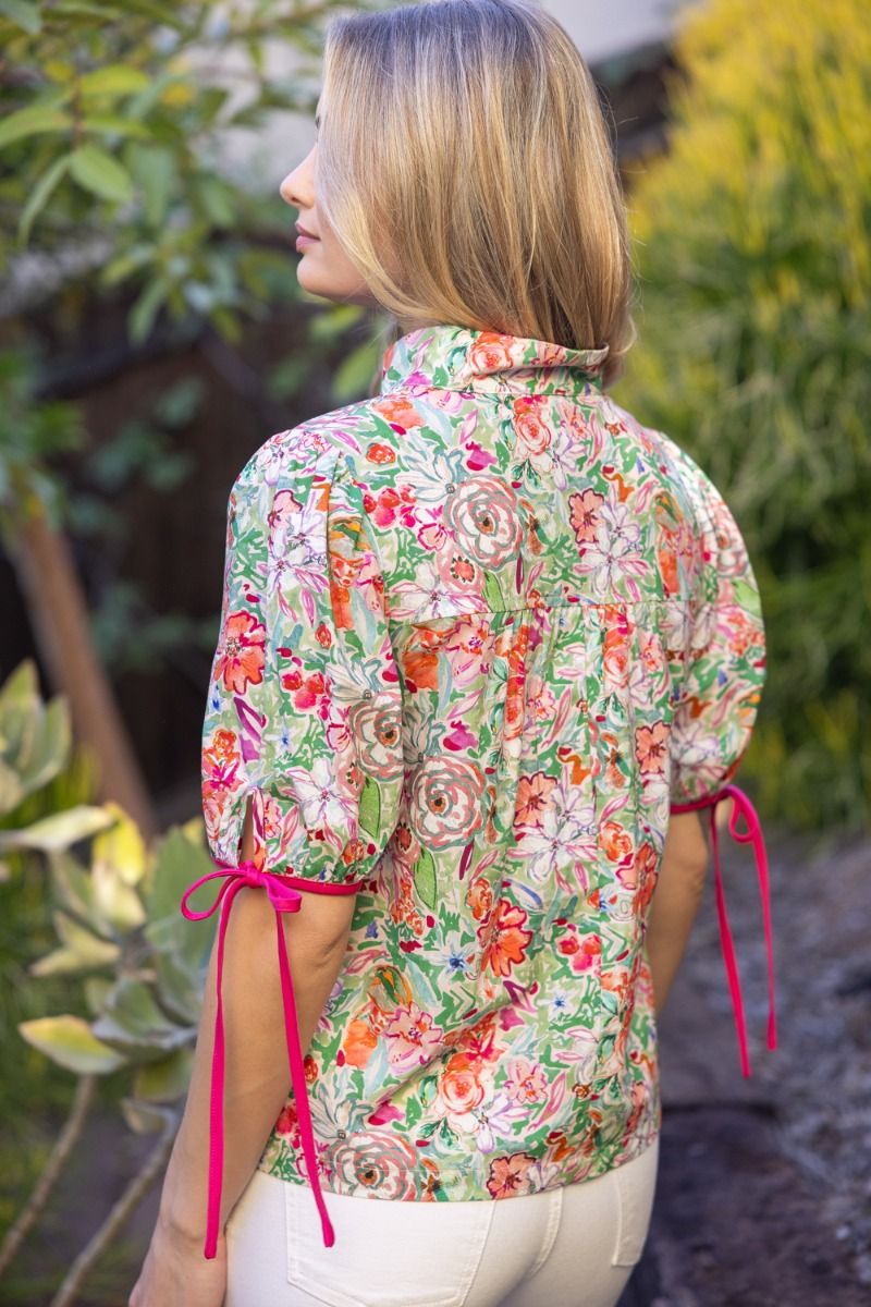 Contrast Placket Floral Puff Sleeve Top - Lush Lemon - Women's Clothing - Voy - 55938841015677